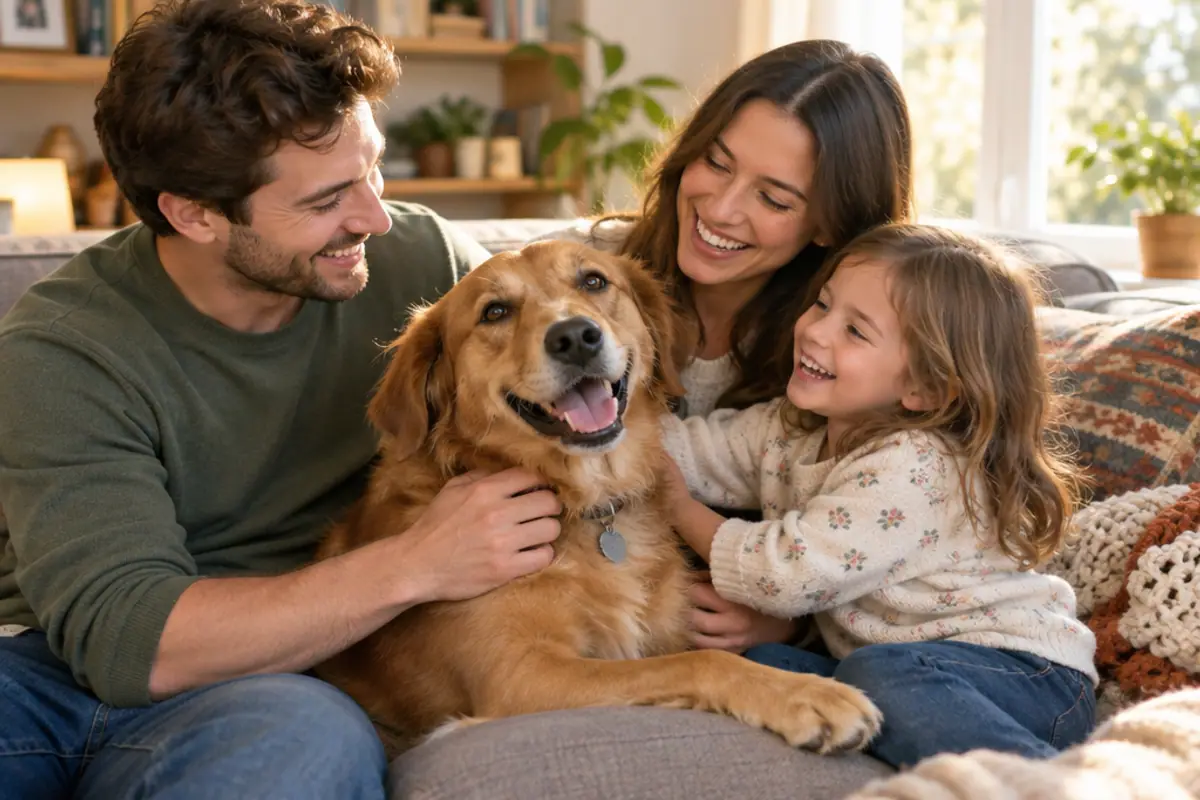 A happy family relaxing on the sofa with their dog